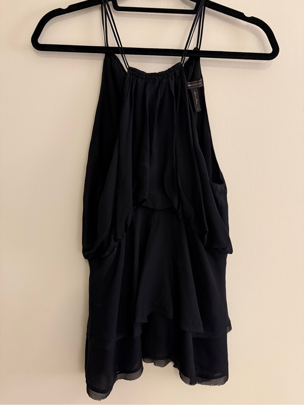 BCBGMaxAzria Black High-Low Halter Layered Chiffon Top